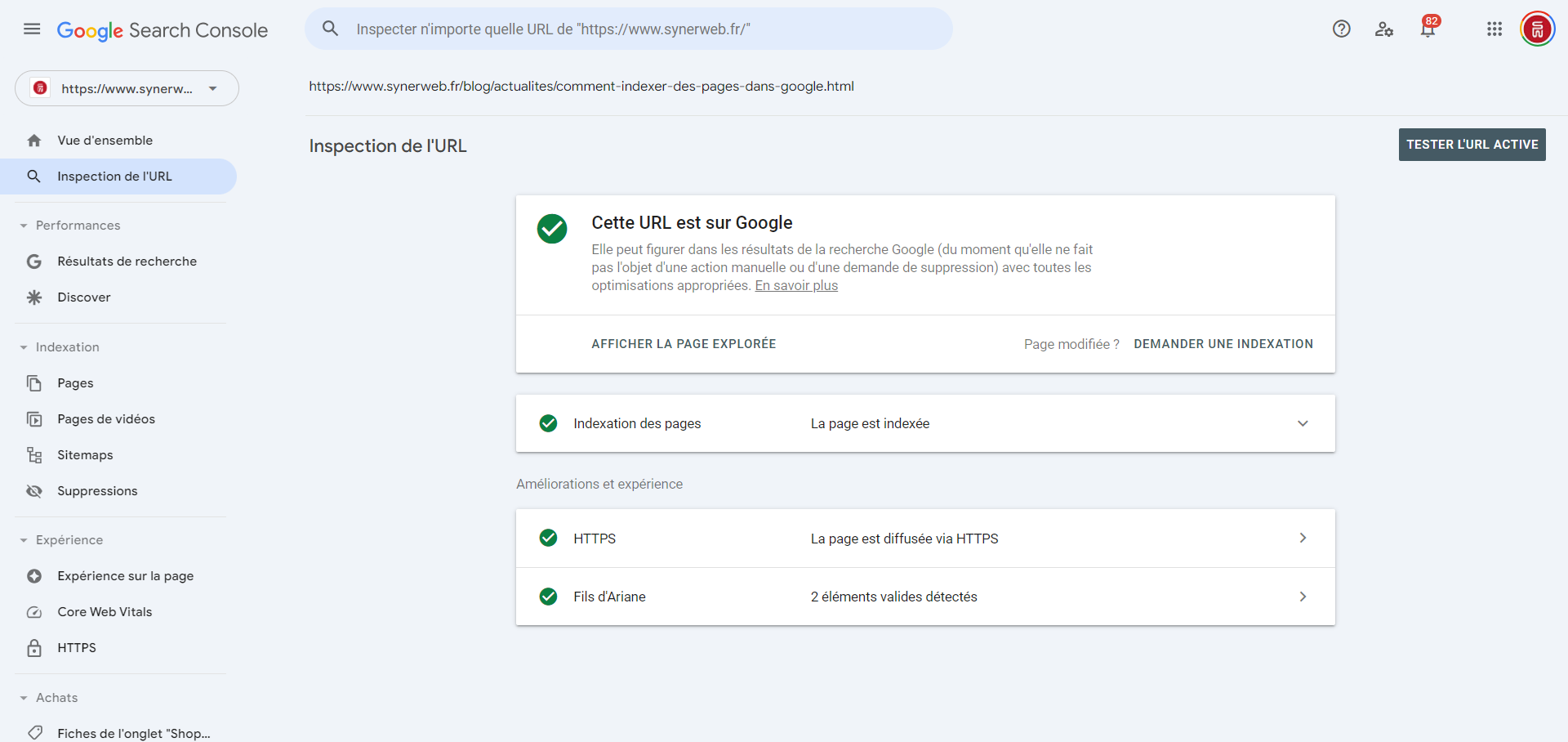 Résultat de l'outil d'inspection d'URL de la Google Search Console – Capture d’écran SYNERWEB